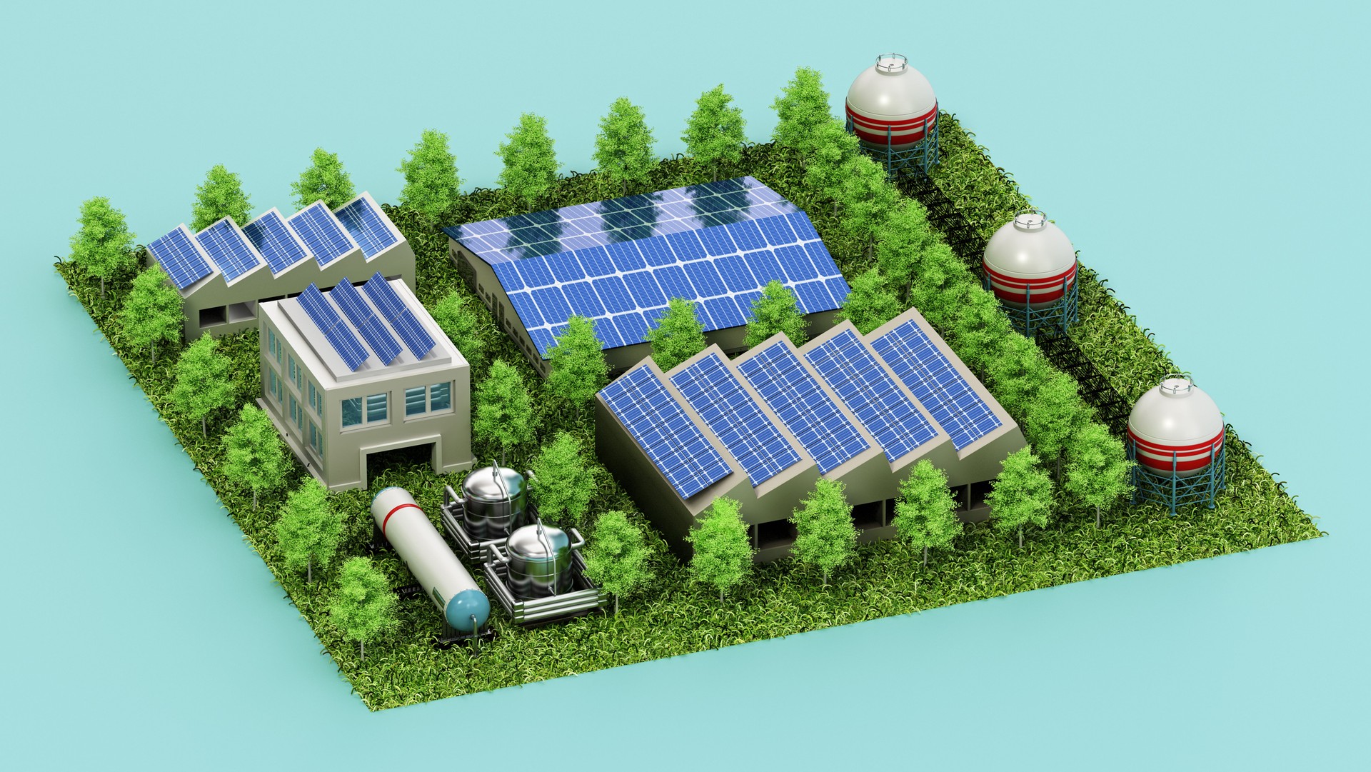 A Sustainable Industrial Complex With Solar Panels and Green Spaces. Eco Business Concept