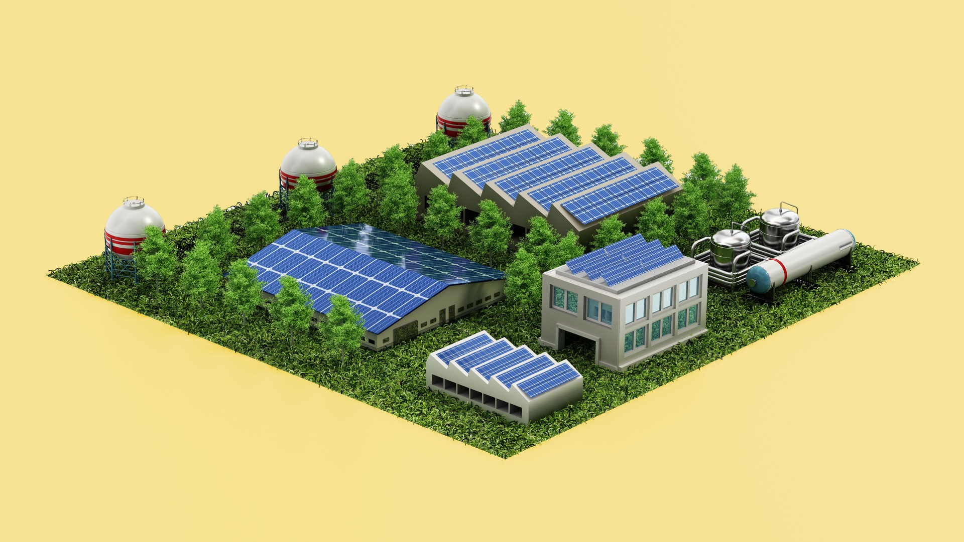 A Sustainable Industrial Complex With Solar Panels and Green Spaces. Eco Business Concept