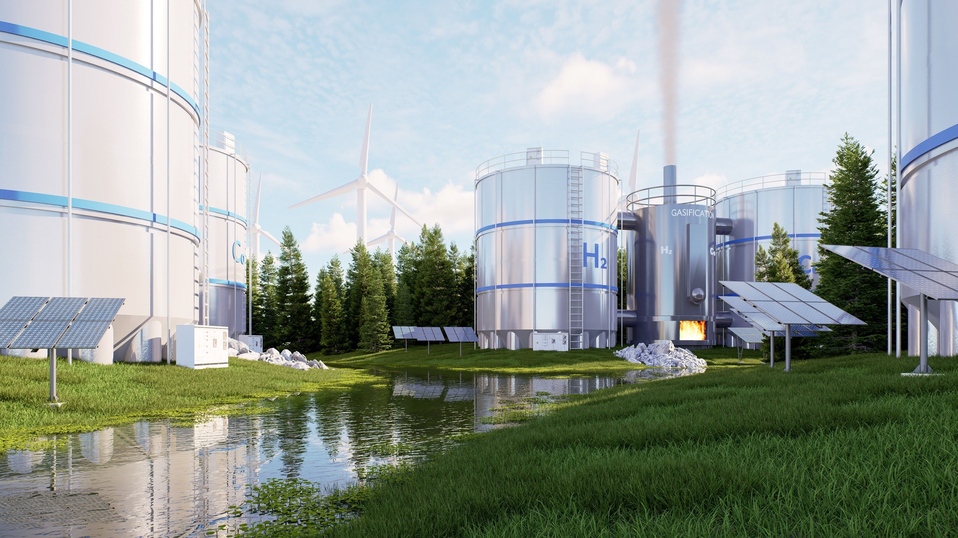 Hydrogen Energy storage with solar panels and wind turbines on a lush lawn among the trees- 3D rendering