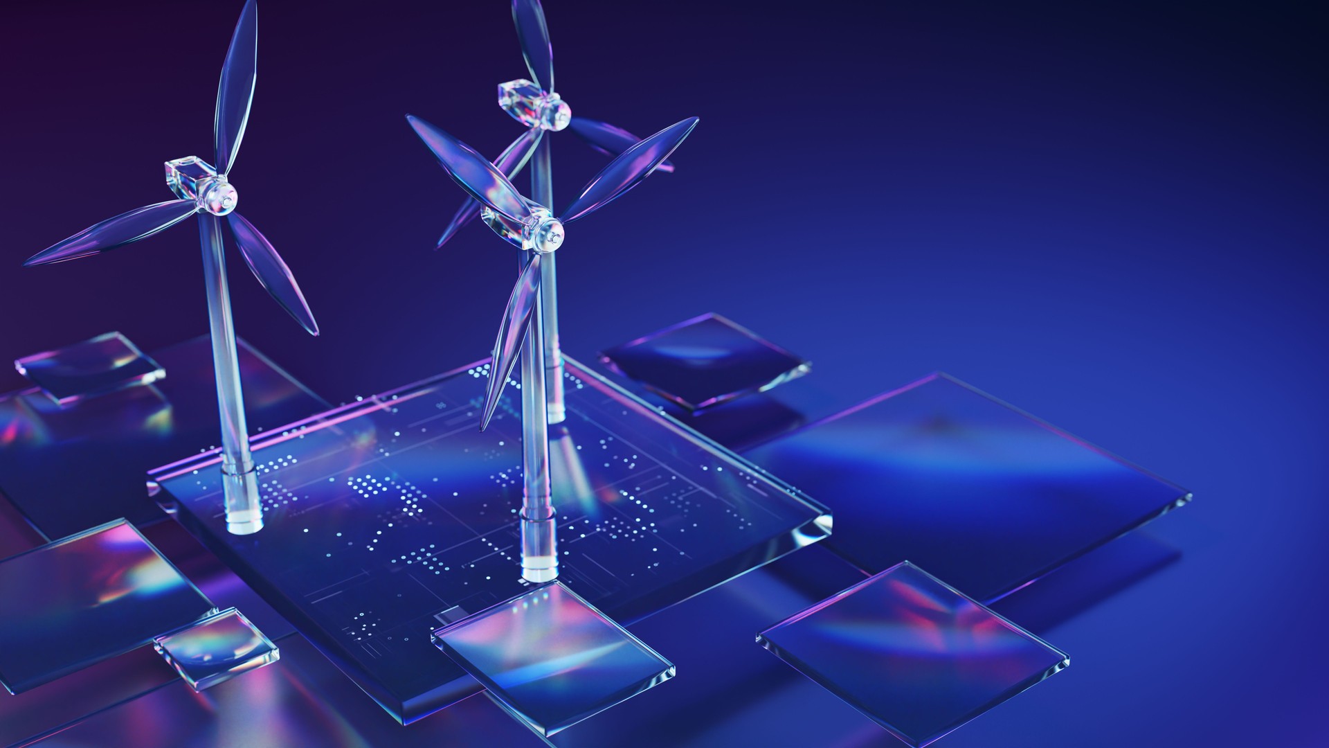 Futuristic Wind Turbines on Digital Blue Background