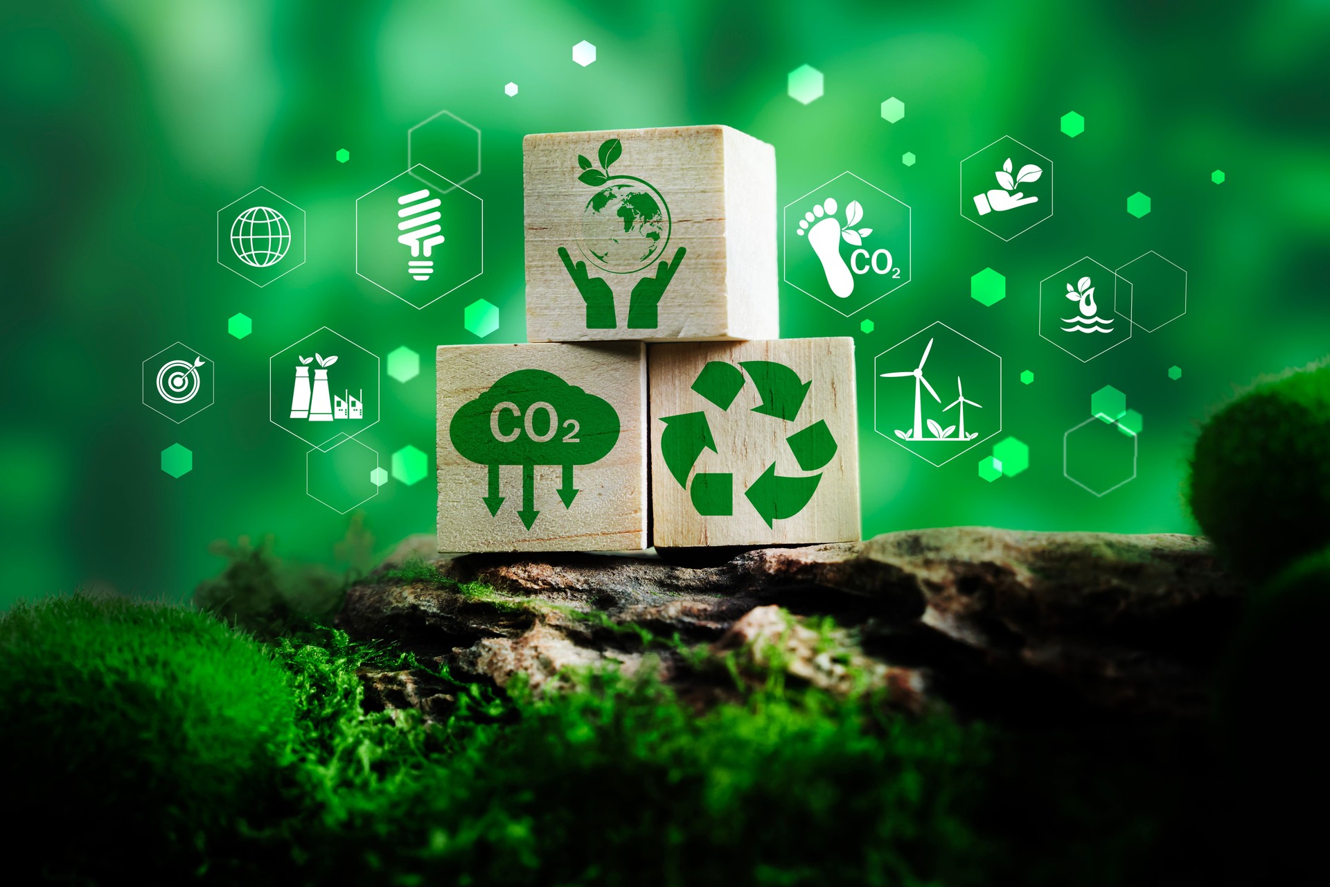 Sustainable environment concept with recycling, carbon reduction, and eco-friendly icons on wooden blocks background