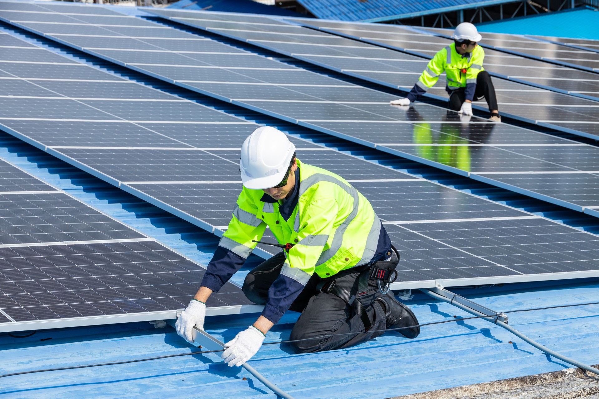 Professional Engineer Service Solar Panel. Worker Maintenance Cleaning Replacing Solar Panel.