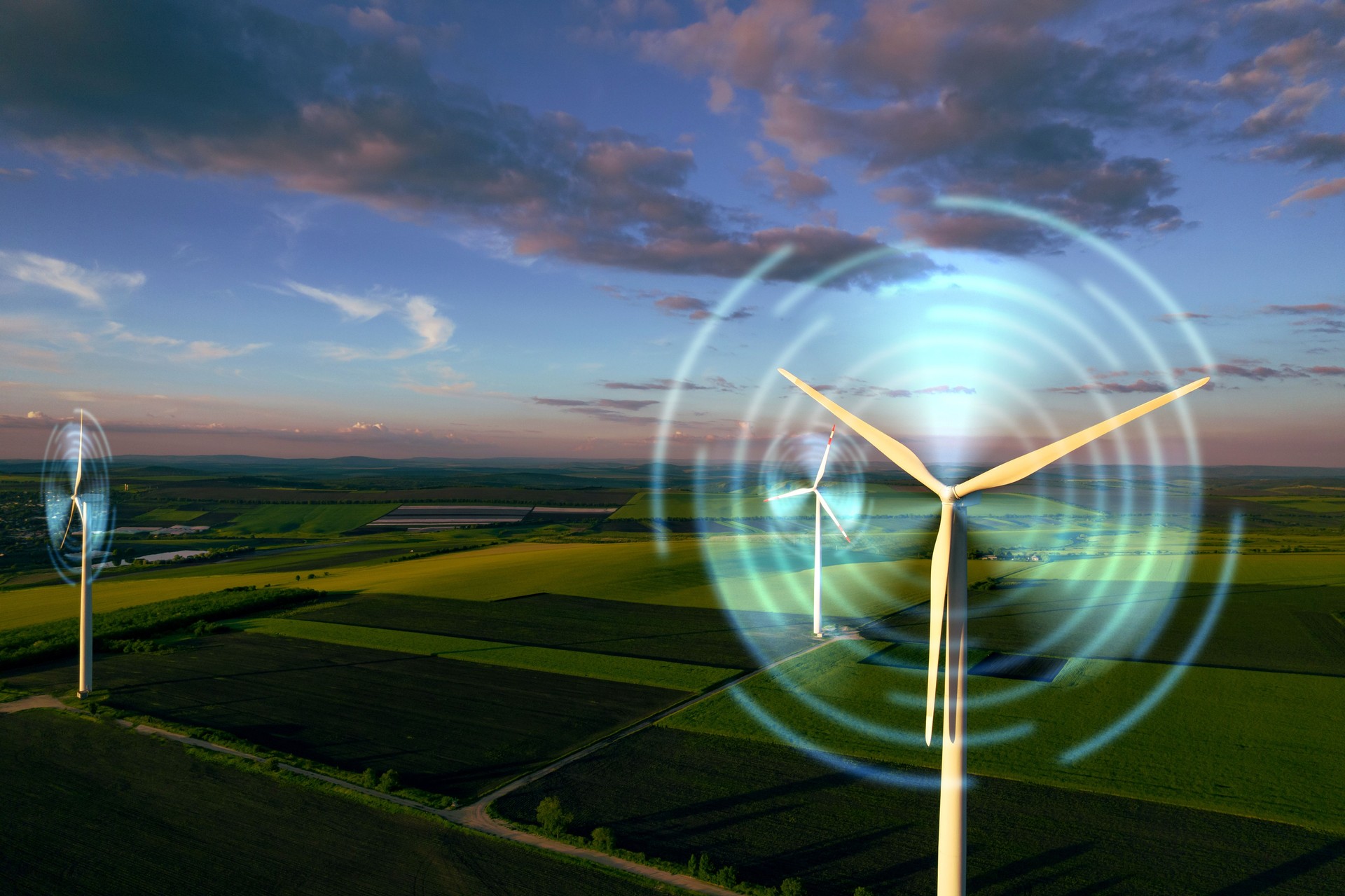 Digital graphic work on green energy power production.Renewable energy design.Green energy power production it is future.Wind turbine and graphic diagram of air currents that produce green energy.