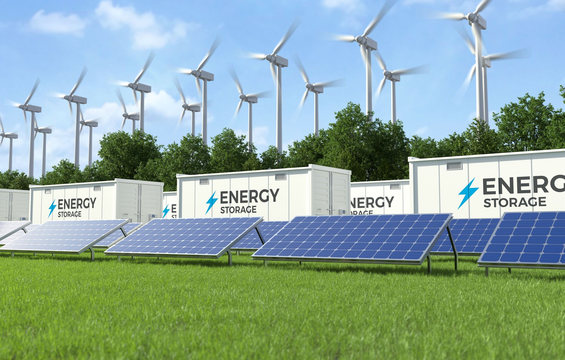 Energy storage systems with wind turbines and solar farms, Solar panels, Green alternative energy concept