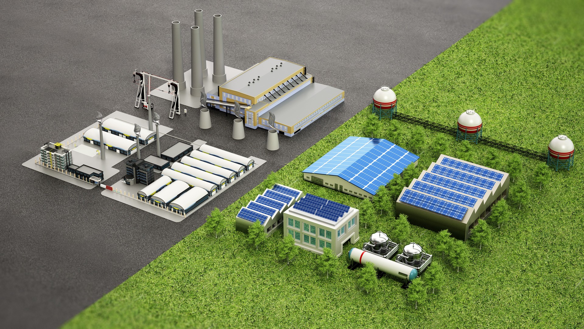 Energy production facilities showcasing diverse renewable and non-renewable sources in a well-organized layout