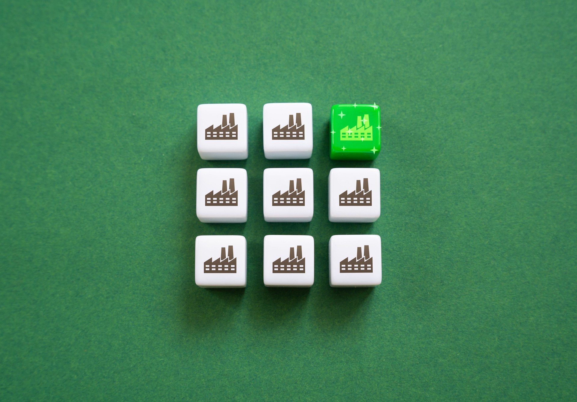 Highlighted industrial plant concept. Achieving environmental friendliness and zero emissions of harmful substances. Green energy, energy efficient production.