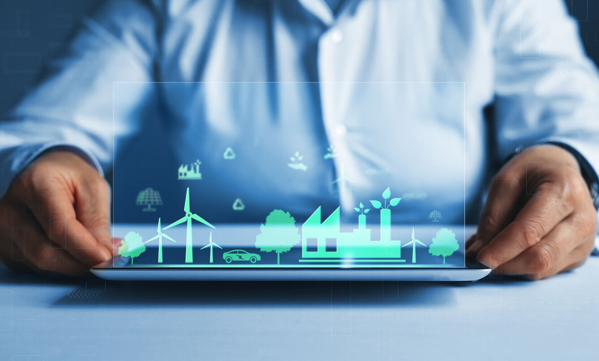 Wind energy used in the industry of factories, machines and technologies.  Green energy for clean and sustainable environment.