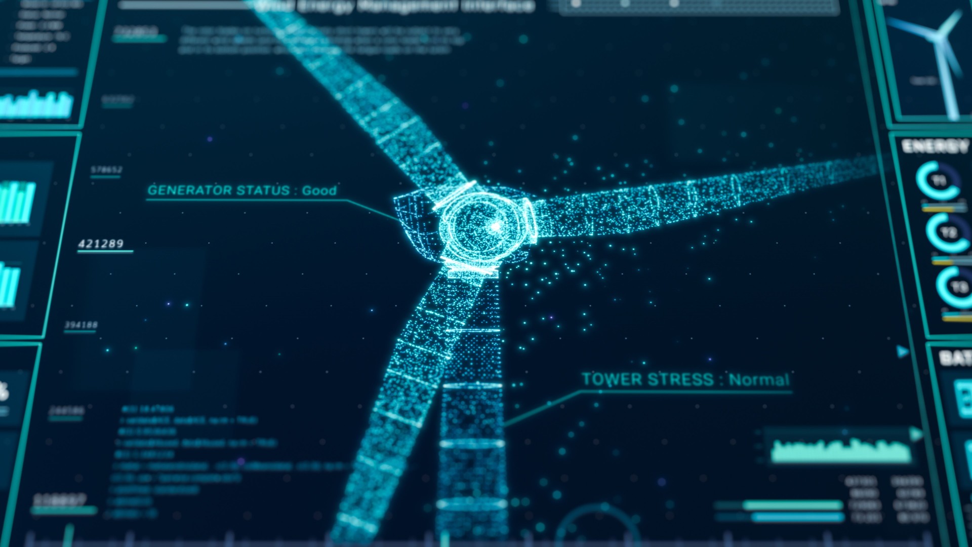 Futuristic wind turbine energy control center interface design, digital data network battery management system, green renewable power technology software, engineering iot HUD information 3d rendering