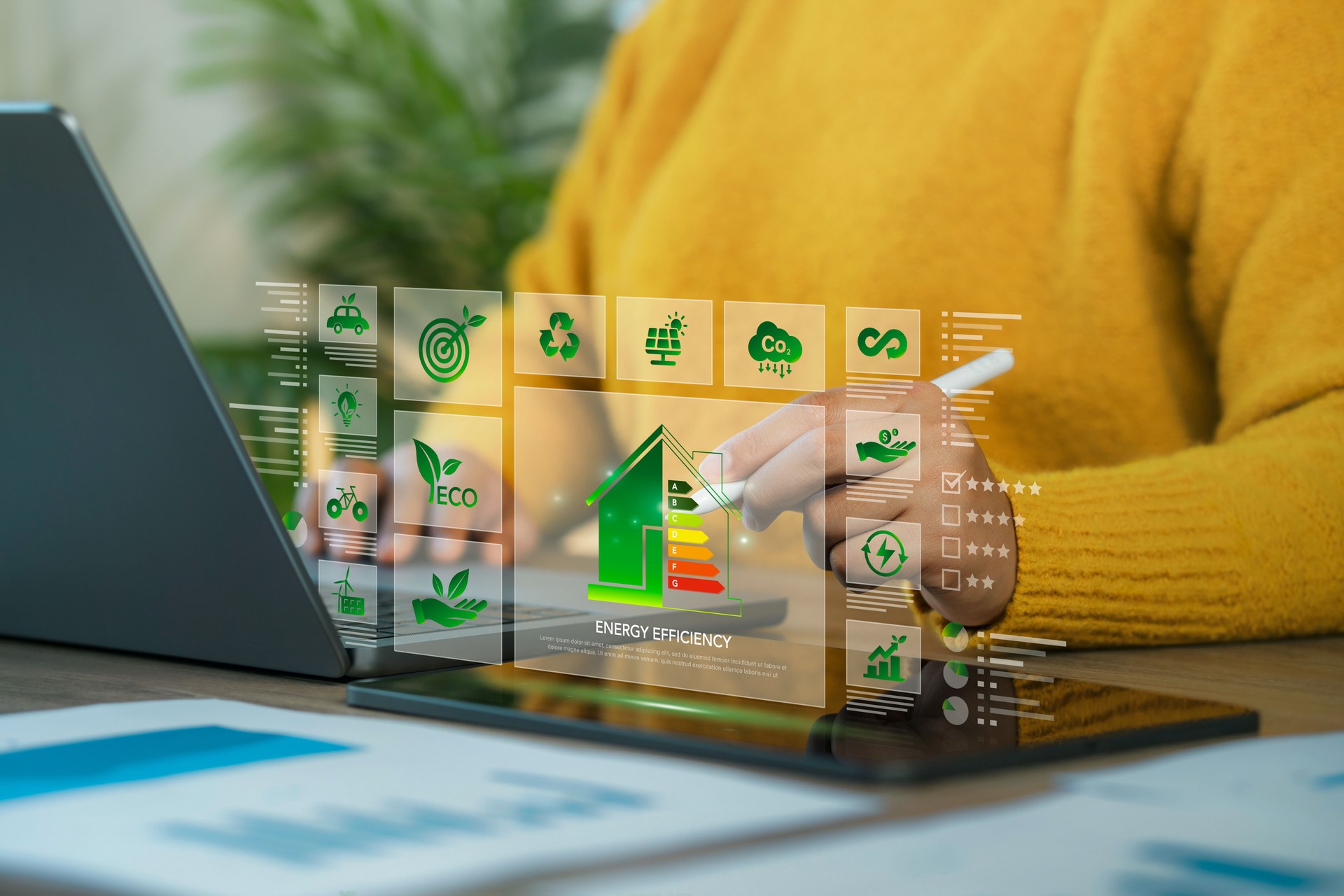 Energy efficiency concept, Sustainable development, Thermal protection efficiency of environmentally friendly home improvement, using a laptop with Energy Efficiency Assessment on a virtual screen.