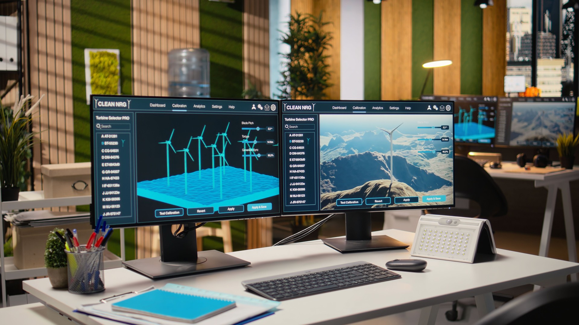 Windmill farm CAD design software displayed on monitors